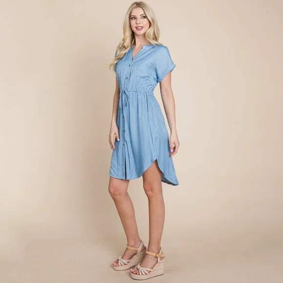 Button Down Chambray Drawstring Waist Shirt Dress. - Picture 3 of 4